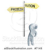 Vector Illustration of a 3d Silver Man Looking up at Gold Problem and Solution Crossroads Signs by AtStockIllustration