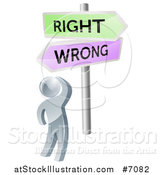 Vector Illustration of a 3d Silver Man Looking up at Green and Purple Right and Wrong Directional Arrow Signs by AtStockIllustration