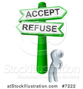 Vector Illustration of a 3d Silver Man Looking up at Green and White Refuse and Accept Street Signs by AtStockIllustration