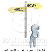 Vector Illustration of a 3d Silver Man Looking up at Heaven or Hell Arrow Cross Roads Signs by AtStockIllustration