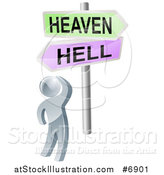Vector Illustration of a 3d Silver Man Looking up at Heaven or Hell Cross Roads Signs by AtStockIllustration