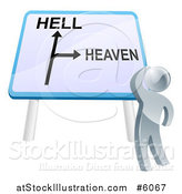 Vector Illustration of a 3d Silver Man Looking up at Heaven or Hell Sign by AtStockIllustration
