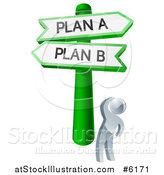 Vector Illustration of a 3d Silver Man Looking up at Plan a or B Crossroad Signs by AtStockIllustration