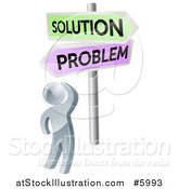 Vector Illustration of a 3d Silver Man Looking up at Problem and Solution Signs by AtStockIllustration