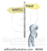 Vector Illustration of a 3d Silver Man Looking up at Right and Wrong Directional Arrow Signs by AtStockIllustration