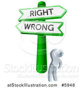 Vector Illustration of a 3d Silver Man Looking up at Right and Wrong Signs by AtStockIllustration