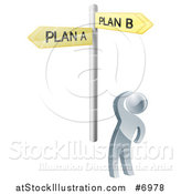 Vector Illustration of a 3d Silver Man Looking up at Yellow Plan a and Plan B Crossroad Signs by AtStockIllustration