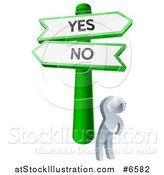 Vector Illustration of a 3d Silver Man Looking up at Yes and No Road Signs and Thinking on Which Direction to Go by AtStockIllustration