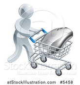 Vector Illustration of a 3d Silver Man Pushing a Computer Mouse in a Shopping Cart by AtStockIllustration