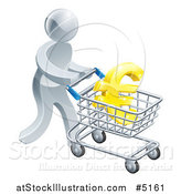 Vector Illustration of a 3d Silver Man Pushing a Euro in a Shopping Cart by AtStockIllustration