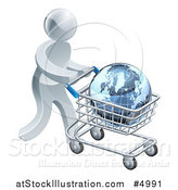 Vector Illustration of a 3d Silver Man Pushing a Globe in a Shopping Cart by AtStockIllustration