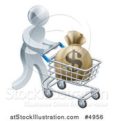 Vector Illustration of a 3d Silver Man Pushing a Money Bag in a Shopping Cart by AtStockIllustration