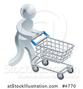 Vector Illustration of a 3d Silver Man Pushing a Shopping Cart by AtStockIllustration