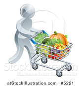 Vector Illustration of a 3d Silver Man Pushing a Shopping Cart Full of Produce by AtStockIllustration