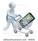 Vector Illustration of a 3d Silver Man Pushing a Smart Phone in a Shopping Cart by AtStockIllustration