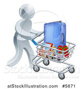 Vector Illustration of a 3d Silver Man Pushing Travel Accessories in a Shopping Cart by AtStockIllustration