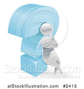 Vector Illustration of a 3d Silver Man Thinking and Leaning Against a Question Mark by AtStockIllustration