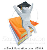 Vector Illustration of a 3d Silver Person Graduate Cheering and Sitting on a Stack of Books by AtStockIllustration