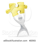 Vector Illustration of a 3d Silver Person Holding up a Gold Puzzle Piece by AtStockIllustration