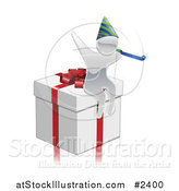 Vector Illustration of a 3d Silver Person Wearing a Party Hat on a Gift Box by AtStockIllustration