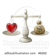Vector Illustration of a 3d Silver Scale Weighing Love and a Money Bag by AtStockIllustration