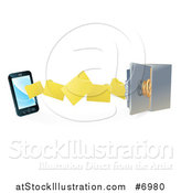 Vector Illustration of a 3d Smart Cell Phone Doing a Secure Data Transfer Backup to a Safe Vault by AtStockIllustration