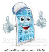 Vector Illustration of a 3d Smart Phone Character Wearing a Hat, Holding a Thumb up and a Wrench by AtStockIllustration