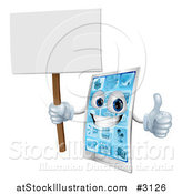 Vector Illustration of a 3d Smart Phone Mascot Holding a Thumb up and a Blank Sign by AtStockIllustration