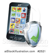 Vector Illustration of a 3d Smart Phone with Apps and a Shield by AtStockIllustration