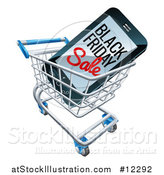 Vector Illustration of a 3d Smart Phone with Black Friday Sale Text on the Screen in a Shopping Cart by AtStockIllustration