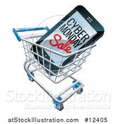 Vector Illustration of a 3d Smart Phone with Cyber Monday Sale Text on the Screen in a Shopping Cart by AtStockIllustration