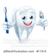 Vector Illustration of a 3d Smiling White Tooth Character Holding a Toothbrush and Tube of Toothpaste by AtStockIllustration