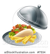 Vector Illustration of a 3d Souvlaki Kebab Sandwich and French Fries Being Served in a Cloche Platter by AtStockIllustration