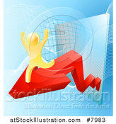 Vector Illustration of a 3d Successful Cheering Gold Man Running on a Red Arrow over Graphs on Blue by AtStockIllustration