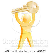 Vector Illustration of a 3d Successful Gold Man Holding up a House Key by AtStockIllustration