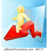 Vector Illustration of a 3d Successful Gold Man Walking on a Red Arrow over Graphs on Blue by AtStockIllustration