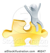 Vector Illustration of a 3d Successful Silver Man Cheering and Sitting on a Golden Puzzle Piece by AtStockIllustration