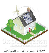 Vector Illustration of a 3d Sustainable Energy Home with Roof Solar Panels and a Wind Turbine by AtStockIllustration