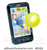 Vector Illustration of a 3d Tennis Ball Flying Through and Breaking a Cell Phone Screen by AtStockIllustration