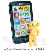 Vector Illustration of a 3d Thinking Gold Man Looking over Apps on a Cell Phone by AtStockIllustration