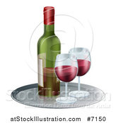 Vector Illustration of a 3d Tray with Glasses of Red Wine and a Bottle by AtStockIllustration