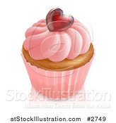 Vector Illustration of a 3d Vanilla Cupcake with Pink Frosting and a Shiny Red Heart by AtStockIllustration