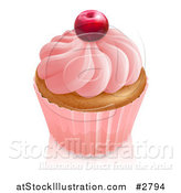 Vector Illustration of a 3d Vanilla Cupcake with Pink Frosting and Wrapper Topped with a Cherry by AtStockIllustration