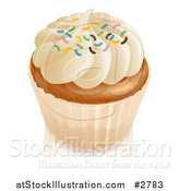 Vector Illustration of a 3d Vanilla Cupcake with White Frosting and Colorful Sprinkles by AtStockIllustration