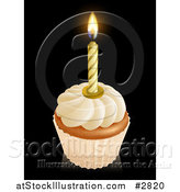 Vector Illustration of a 3d Vanilla Frosted Birthday Cupcake with a Lit Candle by AtStockIllustration