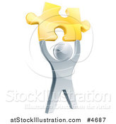 Vector Illustration of a 3d Victorious Silver Man Holding up a Golden Puzzle Piece by AtStockIllustration