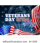 Vector Illustration of a 3d Waving American Flag with Veterans Day Honoring All Who Served Thank You Text and Blue Sparkles and Rays by AtStockIllustration