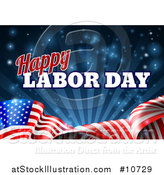 Vector Illustration of a 3d Waving Long American Flag with Rays and Flares Under Happy Labor Day Text by AtStockIllustration