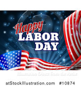 Vector Illustration of a 3d Waving Long American Flag with Rays and Flares Under Happy Labor Day Text by AtStockIllustration