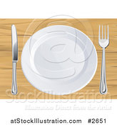 Vector Illustration of a 3d White Plate with Silverware on a Wooden Table by AtStockIllustration